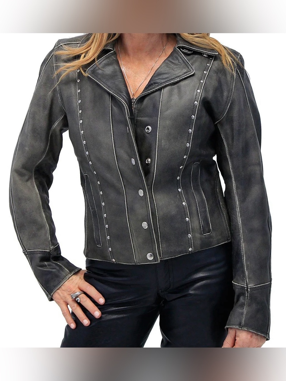 Women’s Rivet Trim Vintage Leather Motorcycle Jacket